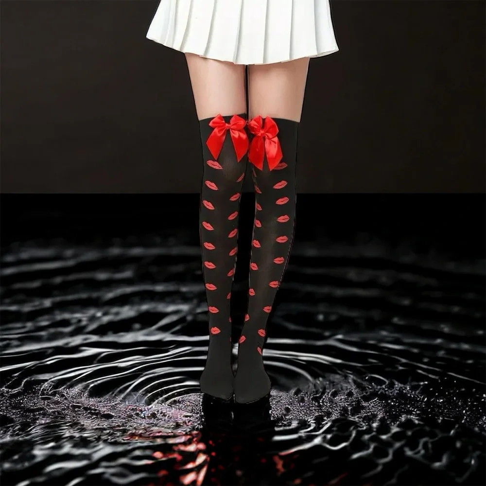 Lips Kiss Mesh Thigh High Stockings Bow Decor Valentines Day Over The Knee Socks
